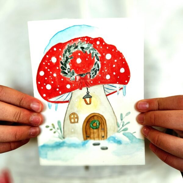 Mushroom House and Snow – Greeting Card