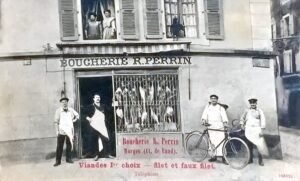 Perrin Butcher Shop, Morges, around the year 1900 — with the butchers proudly standing in front of their store.